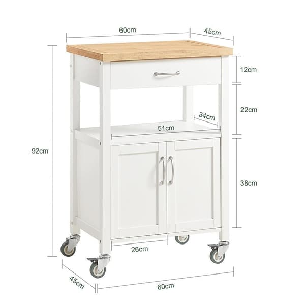 SoBuy Kaappi pyörillä Tarjoiluvaunu Keittiösaareke valkoinen, Pituus 60 cm Leveys 45 cm Korkeus 90 cm FKW22-WN