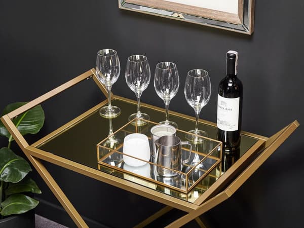 Rullebord Guld Metalramme Spejloverdele Glamourøs Barvogn med Låsbare Hjul