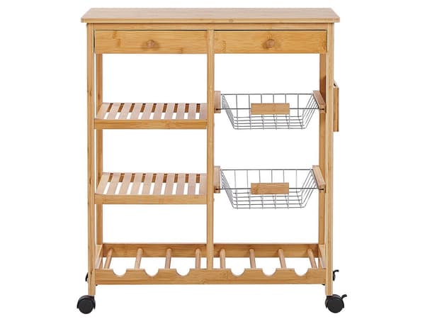 Køkkenvogn Bambus Lyst Træ 80 x 67 x 37 Serveringsvogn på Hjul Flytbar med Skuffer Hylder Opbevarings Kurve Spisestue Rullebord Design