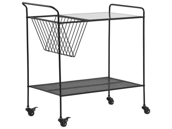 Tarjoiluvaunu musta 70 x 70 x 40 cm pyörällinen metallirunko lasitaso alahylly