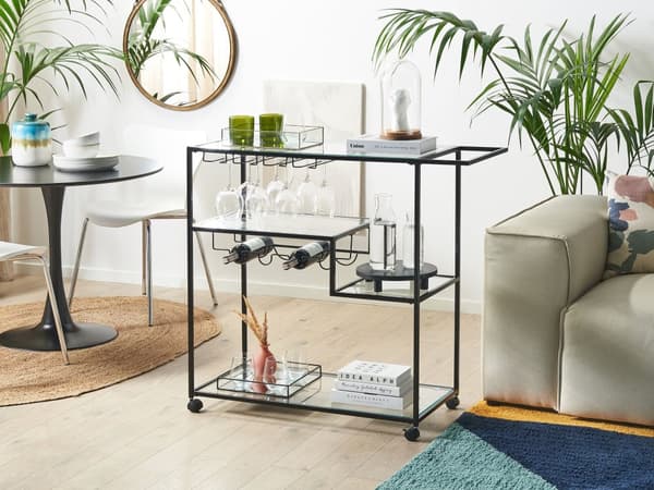 Køkkenvogn i Metal i Sort Farve med Glas Top
