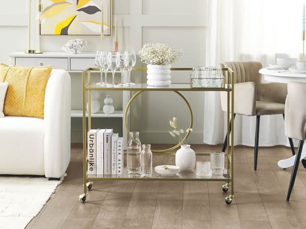 Køkkenvogn i Metal i Guld Farve med Glas Top