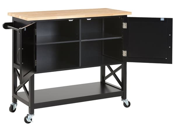 Tarjoiluvaunu musta 102 x 90 x 44 cm MDF-levy metalli puu 2-ovinen pyörät hyllyt
