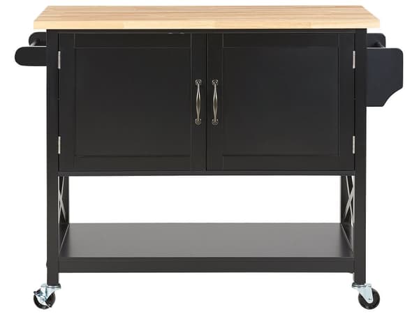 Tarjoiluvaunu musta 102 x 90 x 44 cm MDF-levy metalli puu 2-ovinen pyörät hyllyt