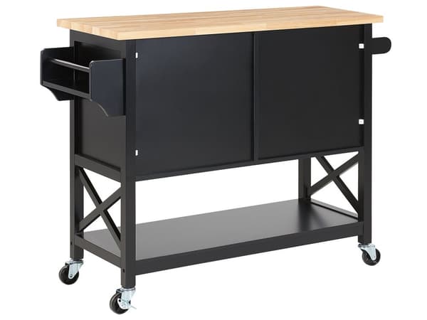 Tarjoiluvaunu musta 102 x 90 x 44 cm MDF-levy metalli puu 2-ovinen pyörät hyllyt