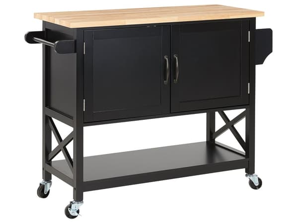 Tarjoiluvaunu musta 102 x 90 x 44 cm MDF-levy metalli puu 2-ovinen pyörät hyllyt