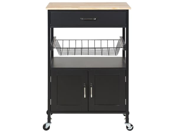 Køkkenvogn Sort Lyst Gummitræ Metal 58 x 40 x 90 cm 1 Skuffe 1 Skab på hjul Stue Servering Opbevaring Bestik Køkken Indretning Minimalistisk