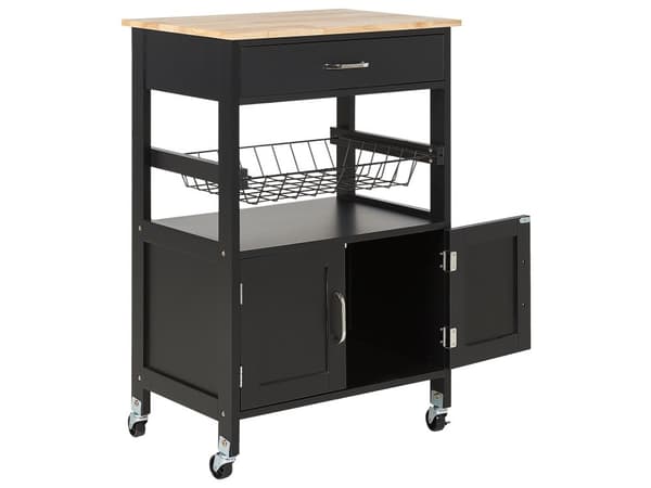 Køkkenvogn Sort Lyst Gummitræ Metal 58 x 40 x 90 cm 1 Skuffe 1 Skab på hjul Stue Servering Opbevaring Bestik Køkken Indretning Minimalistisk