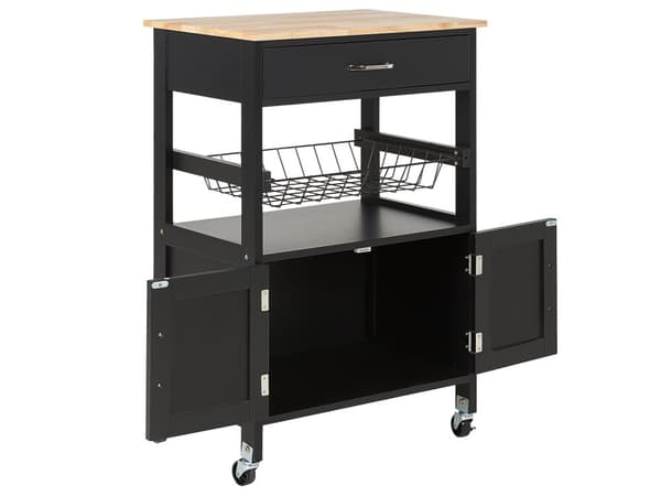 Køkkenvogn Sort Lyst Gummitræ Metal 58 x 40 x 90 cm 1 Skuffe 1 Skab på hjul Stue Servering Opbevaring Bestik Køkken Indretning Minimalistisk
