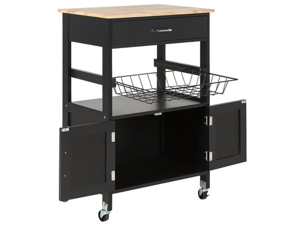 Køkkenvogn Sort Lyst Gummitræ Metal 58 x 40 x 90 cm 1 Skuffe 1 Skab på hjul Stue Servering Opbevaring Bestik Køkken Indretning Minimalistisk