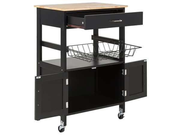 Køkkenvogn Sort Lyst Gummitræ Metal 58 x 40 x 90 cm 1 Skuffe 1 Skab på hjul Stue Servering Opbevaring Bestik Køkken Indretning Minimalistisk