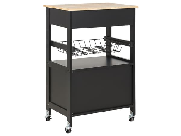 Køkkenvogn Sort Lyst Gummitræ Metal 58 x 40 x 90 cm 1 Skuffe 1 Skab på hjul Stue Servering Opbevaring Bestik Køkken Indretning Minimalistisk