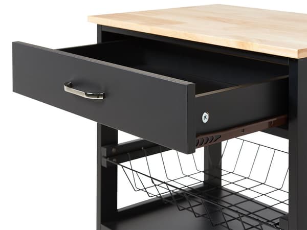 Køkkenvogn Sort Lyst Gummitræ Metal 58 x 40 x 90 cm 1 Skuffe 1 Skab på hjul Stue Servering Opbevaring Bestik Køkken Indretning Minimalistisk
