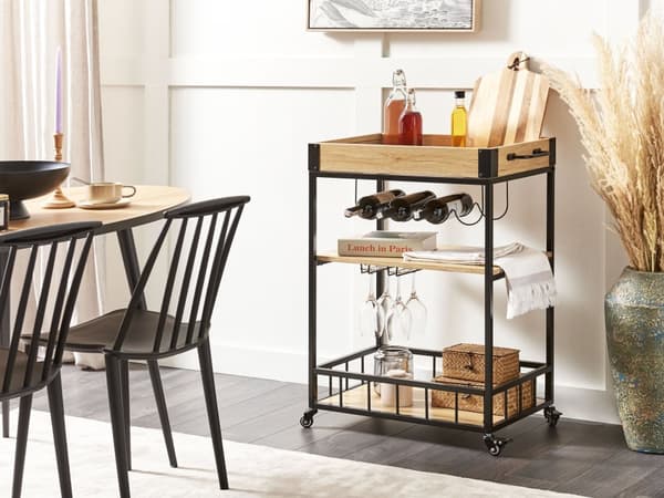 Køkkenvogn Lyst træ med sort MDF metalvogn med hjul Vinreol Spisestue Moderne Design