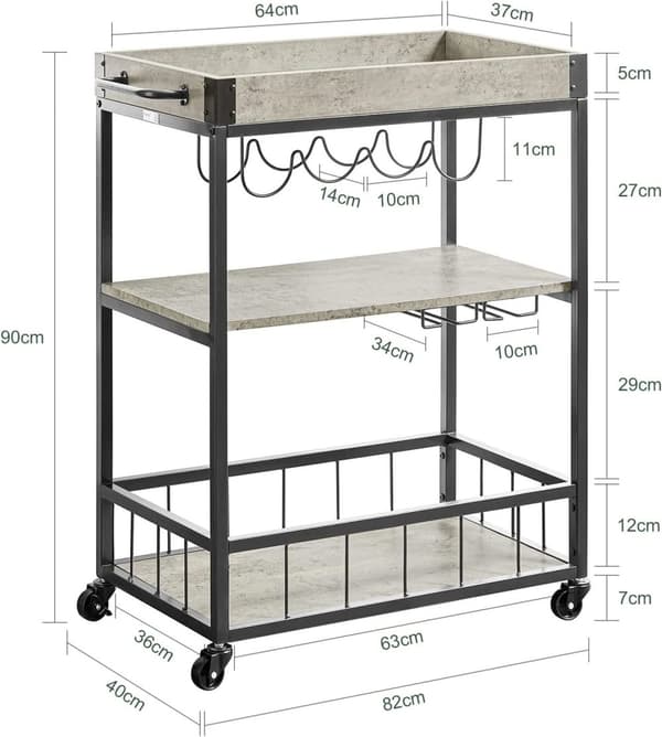 Rootz Modern Design 3-kerroksinen keittiövaunu tarjoiluvaunu, jossa viiniteline metallia ja MDF-levyä