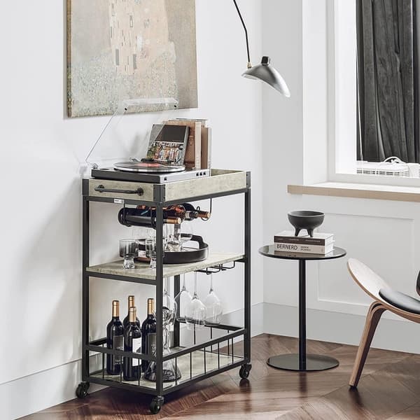 Rootz Modern Design 3-kerroksinen keittiövaunu tarjoiluvaunu, jossa viiniteline metallia ja MDF-levyä