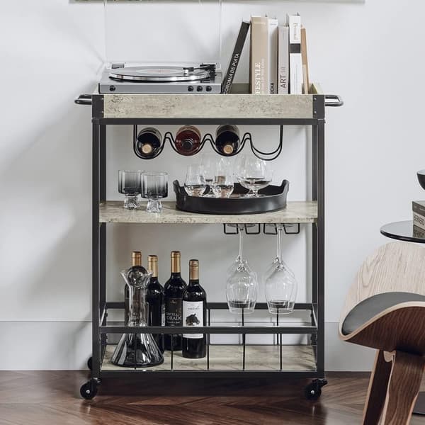 Rootz Modern Design 3-kerroksinen keittiövaunu tarjoiluvaunu, jossa viiniteline metallia ja MDF-levyä