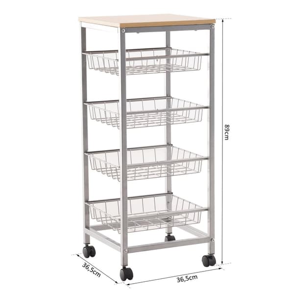 Nancy's Sandusky Keukentrolley - Keukenwagen - Serveerwagen - 4 -Laags - Draadmanden - 36,5 x 36,5 x 89 cm - Staal - MDF -