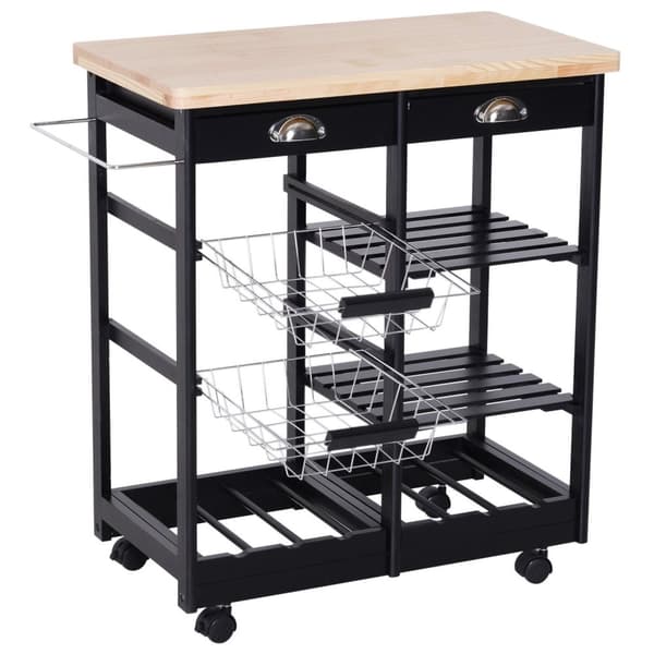 Nancy's Roanoke Keukentrolley - Keukenwagen - Serveerwagen - Wijnrek - Op Wieltjes - MDF - Hout - Sort - Naturel - 74 x 37 x 76 cm