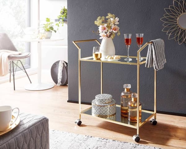 Rootz design serveringsvagn guld 73x78x37 cm köksvagn glas - metall - Mobilt sidobord - Matvagn med glasskiva - Minibar tevagn på 4 hjul