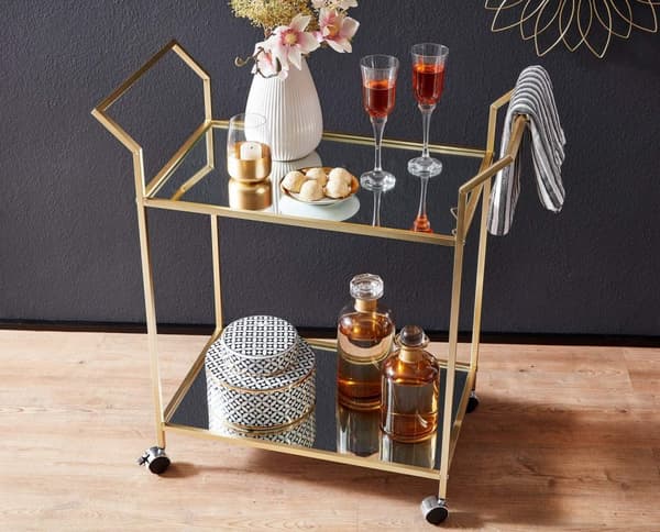 Rootz design serveringsvagn guld 73x78x37 cm köksvagn glas - metall - Mobilt sidobord - Matvagn med glasskiva - Minibar tevagn på 4 hjul