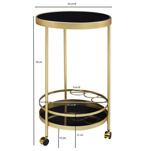 Rootz designvogn guld rund Ø 45cm 2 plan - Sidebord på hjul med glasplade Sort spisevogn - Køkkenvogn - tevogn