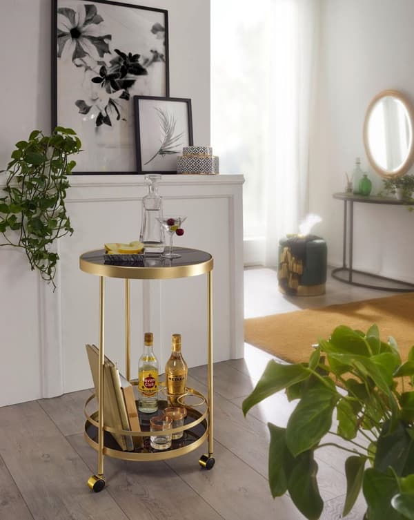 Rootz designvogn guld rund Ø 45cm 2 plan - Sidebord på hjul med glasplade Sort spisevogn - Køkkenvogn - tevogn