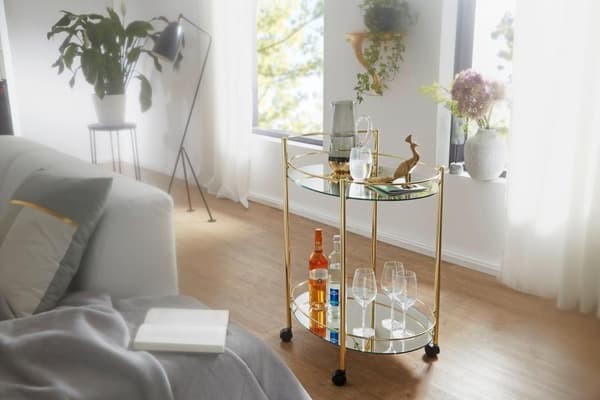 Rootz design serveringsvagn guld 67x79 cm Mobil Minibar - Sidobord på hjul Matvagn med vit glasskiva Köksvagn - Tevagn med frostat glas