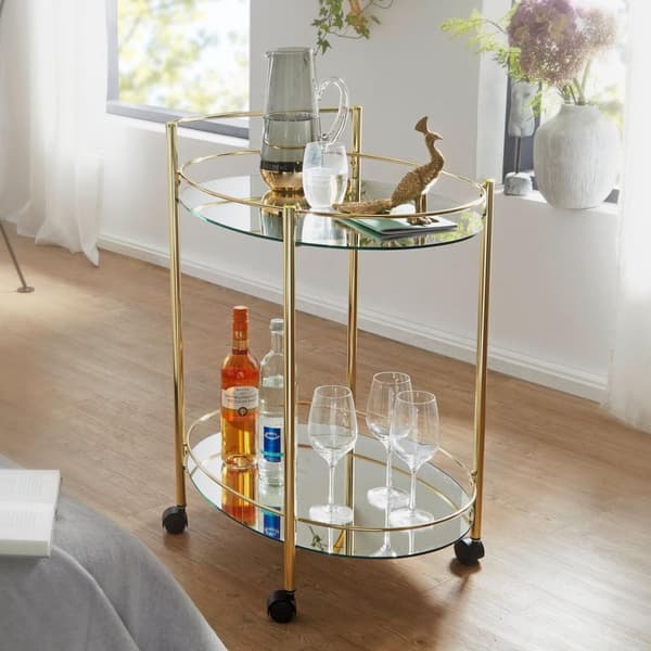 Rootz design serveringsvagn guld 67x79 cm Mobil Minibar - Sidobord på hjul Matvagn med vit glasskiva Köksvagn - Tevagn med frostat glas