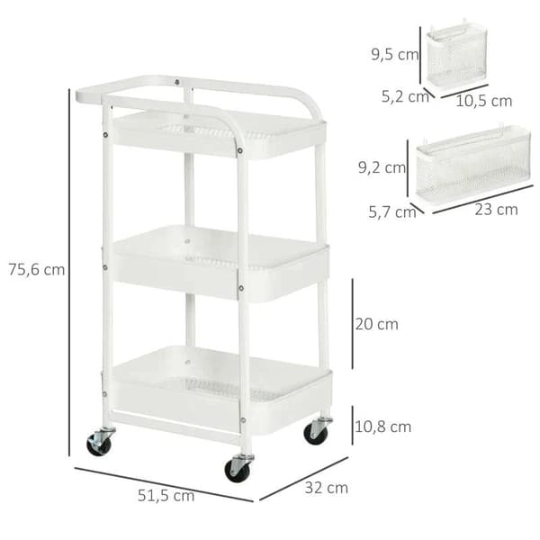 Rootz Köksvagn - Vagn - Med 3 hyllor och sidopanel - Stål/PP - Vit - 51,5 x 32 x 75,6 cm