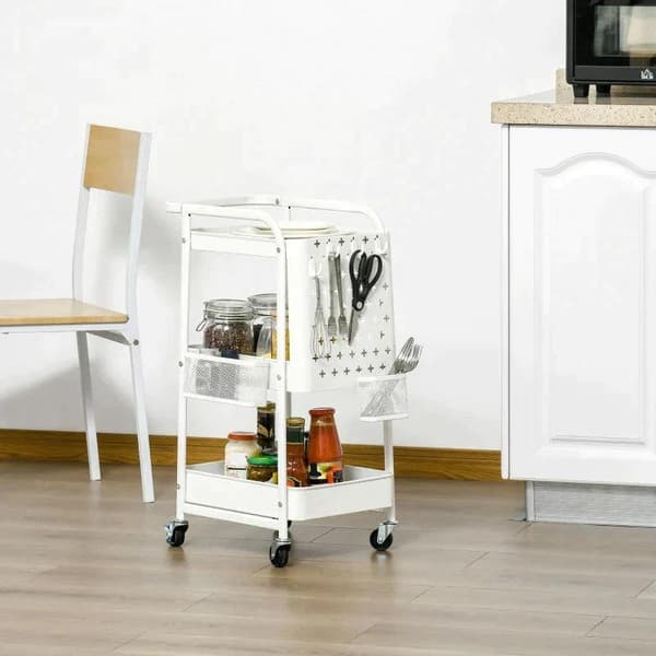 Rootz Köksvagn - Vagn - Med 3 hyllor och sidopanel - Stål/PP - Vit - 51,5 x 32 x 75,6 cm