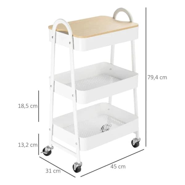 Rootz Köksvagn - Vagn - 3 hyllor Vagn - Med 3 korghyllor - Stål/PP Plast - Vit - 45 x 31 x 79,4 cm