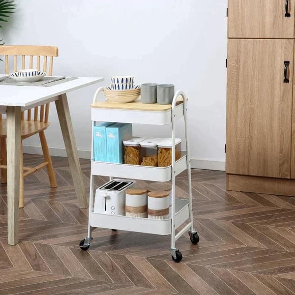 Rootz Köksvagn - Vagn - 3 hyllor Vagn - Med 3 korghyllor - Stål/PP Plast - Vit - 45 x 31 x 79,4 cm