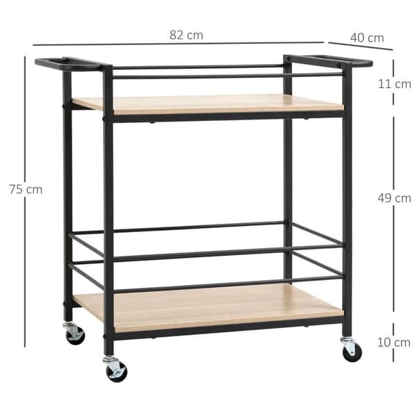 Rootz Köksvagn - Serveringsvagn med 2 hyllor - Räcke - Stål - Svart + Trä - 82 x 40 x 75cm