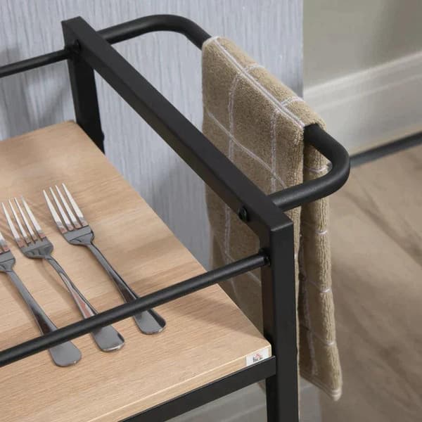 Rootz Köksvagn - Serveringsvagn med 2 hyllor - Räcke - Stål - Svart + Trä - 82 x 40 x 75cm