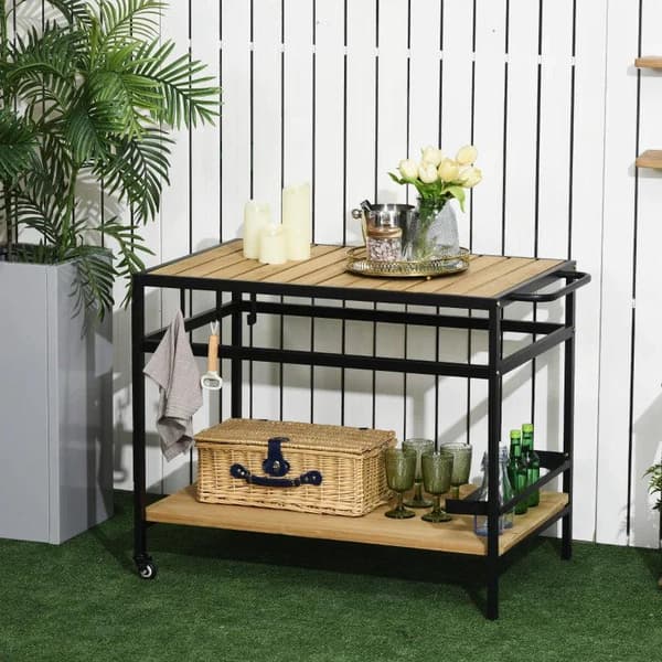 Rootz Outdoor Bar Cart - Serveringsvogn - Industriel - Vejrbestandig serveringsvogn - 3 kroge 1 hylde - Sort + Naturlig - 107 cm x 65 cm x 80 cm