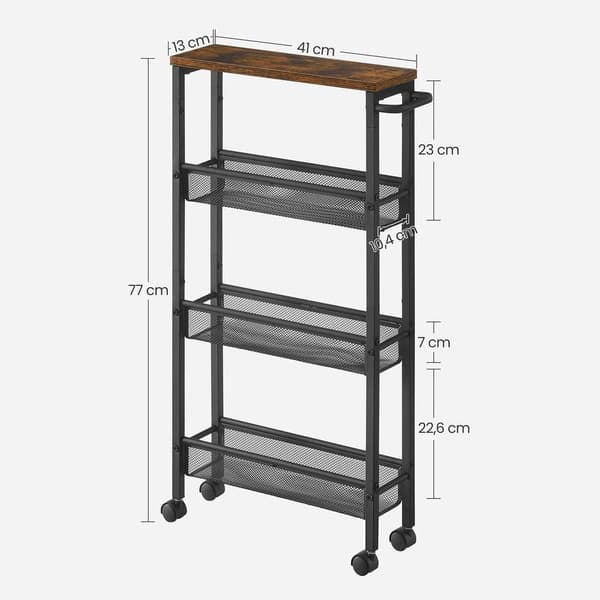 Rootz Trolley - Smal vagn - Smal vagn med 4 nivåer - Smal rullvagn - Mobil förvaringsenhet - Hjulförsedd förvaringsvagn - Vintage Brun-svart - 13 x 45