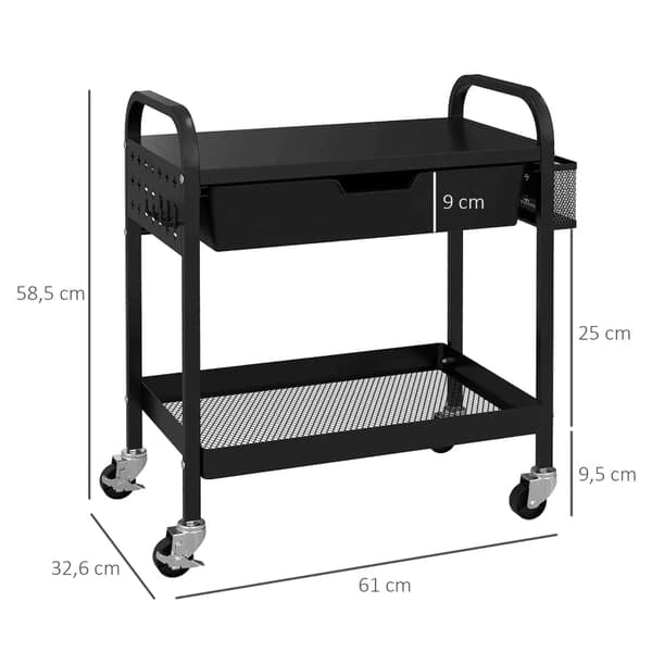 Rootz Köksvagn - 1 låda - Sidokrokar - 1 Hylla - 4 Hjul - Liten korg - Multifunktionsvagn - Plast+stål - Svart - 61L x 32,6W x 58,5Hcm