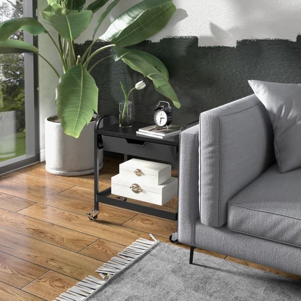 Rootz Köksvagn - 1 låda - Sidokrokar - 1 Hylla - 4 Hjul - Liten korg - Multifunktionsvagn - Plast+stål - Svart - 61L x 32,6W x 58,5Hcm