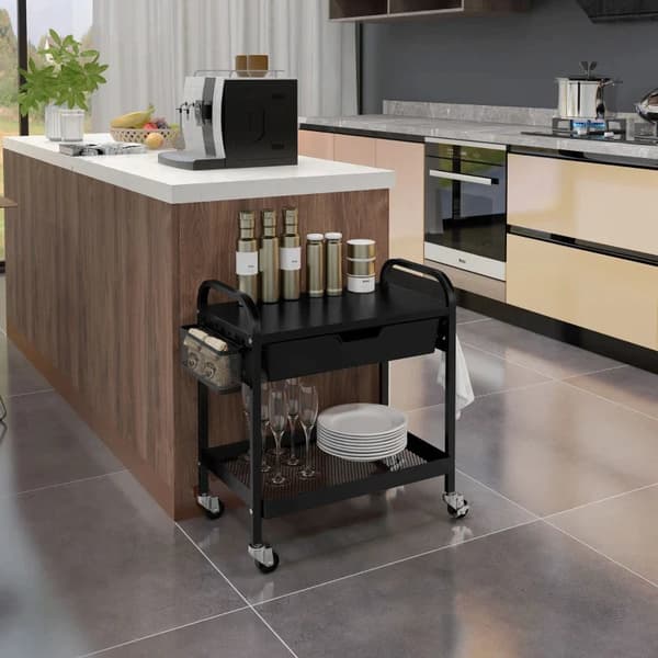 Rootz Köksvagn - 1 låda - Sidokrokar - 1 Hylla - 4 Hjul - Liten korg - Multifunktionsvagn - Plast+stål - Svart - 61L x 32,6W x 58,5Hcm