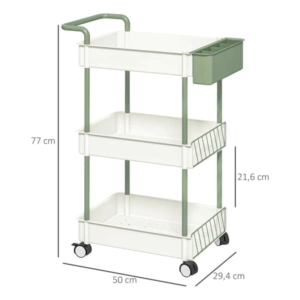 Rootz Trolley - 3 niveauer - Hængende kurv - Trykhåndtag - 4 hjul - Metalramme - Plast+stål - Hvid+grøn - 50 x 29,4 x 77cm