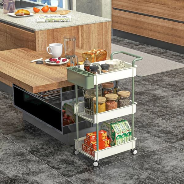 Rootz Trolley - 3 niveauer - Hængende kurv - Trykhåndtag - 4 hjul - Metalramme - Plast+stål - Hvid+grøn - 50 x 29,4 x 77cm