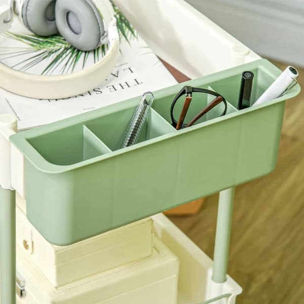 Rootz Trolley - 3 niveauer - Hængende kurv - Trykhåndtag - 4 hjul - Metalramme - Plast+stål - Hvid+grøn - 50 x 29,4 x 77cm