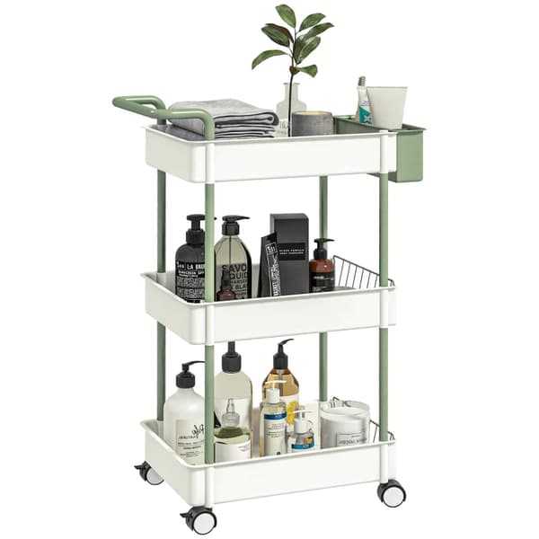 Rootz Trolley - 3 niveauer - Hængende kurv - Trykhåndtag - 4 hjul - Metalramme - Plast+stål - Hvid+grøn - 50 x 29,4 x 77cm
