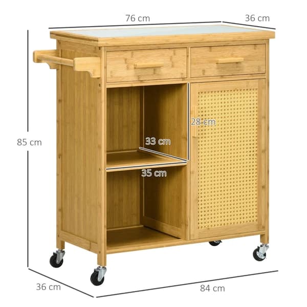 Rootz Bamboo Køkkenvogn - Multifunktionsvogn - Serveringsvogn - 2 skuffer - 1 skab - 2 hylder - Naturlig - 84L x 36W x 85H cm