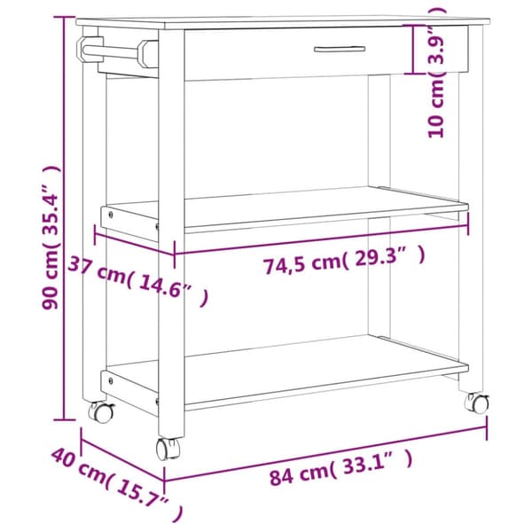 vidaXL Keittiövaunu MONZA 84x40x90 cm täysi mänty