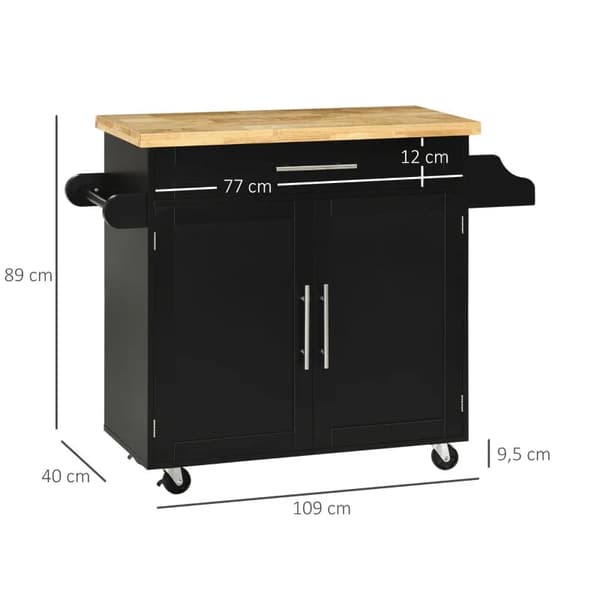 Rootz keittiövaunu - Keittiösaari - Tarjoiluvaunu - 1 mausteteline - 1 pyyhepidike - Kumipuu - Musta - 109L x 40W x 89K cm