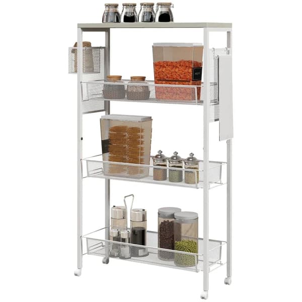 Rootz Nischvagn - Multifunktionsvagn - Köksvagn - 3 hyllor - Krokar - Spånskiva - Vit - 58 cm x 18,5 cm x 87 cm