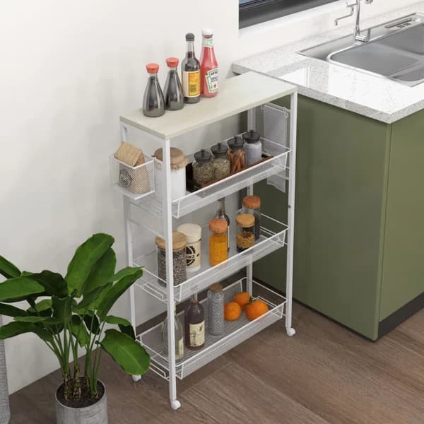 Rootz Nischvagn - Multifunktionsvagn - Köksvagn - 3 hyllor - Krokar - Spånskiva - Vit - 58 cm x 18,5 cm x 87 cm