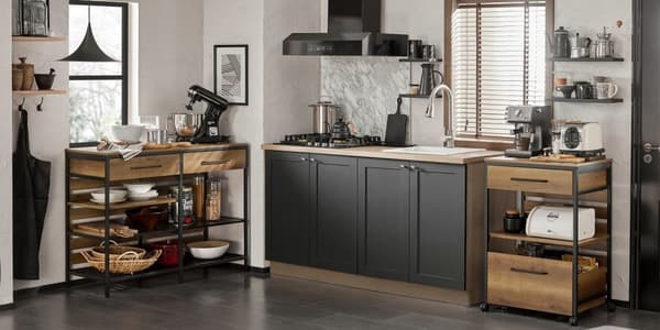 Rootz Kitchen Island - Keittiön hylly - Lipasto - Baaripöytä - Vintage-tyyli - Tilava säilytystila, 5 lokeroa ja 2 laatikkoa - Tukeva metallirunko - S